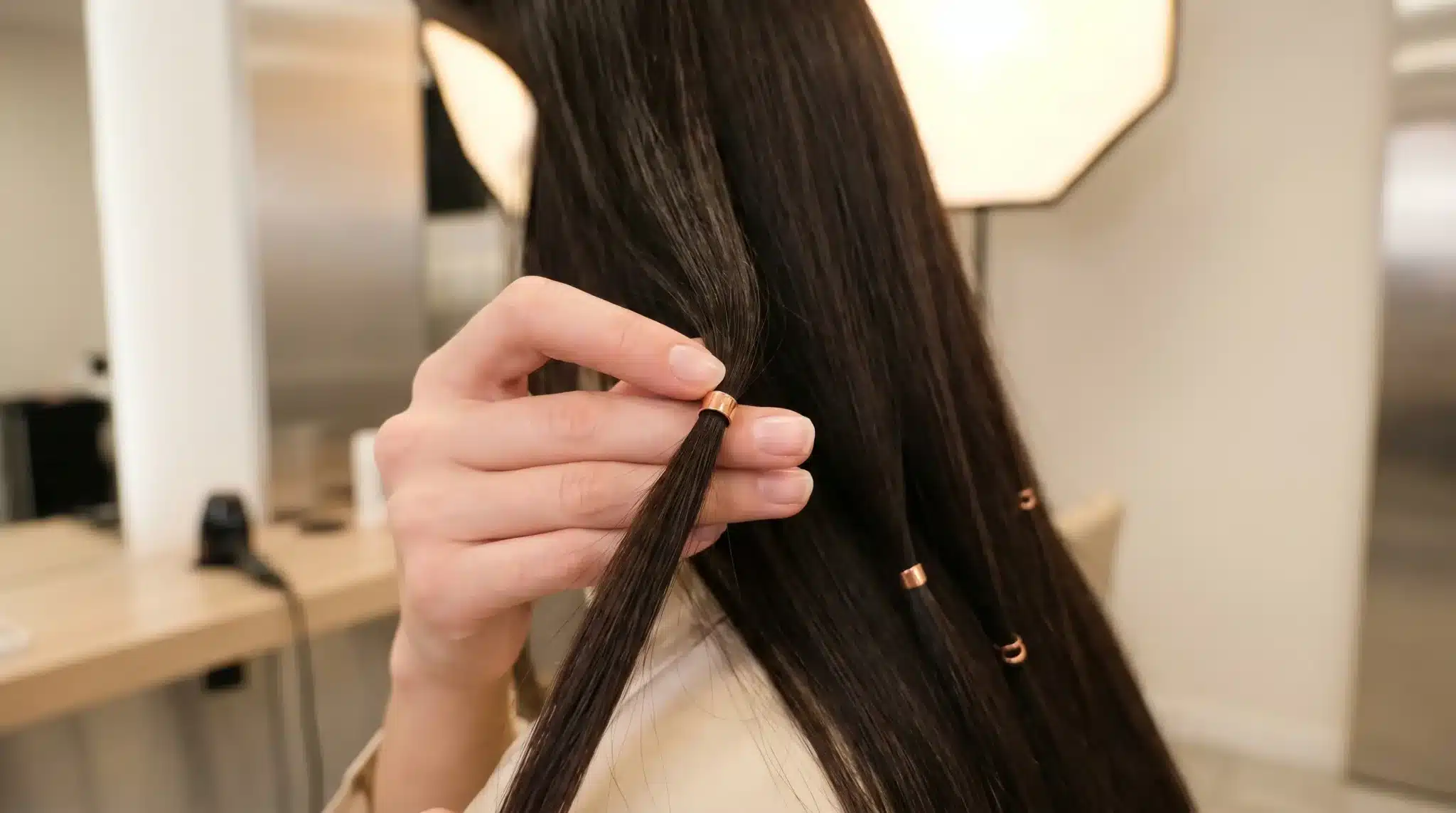Hand arranging long brunette hair with copper clips in a modern salon setting