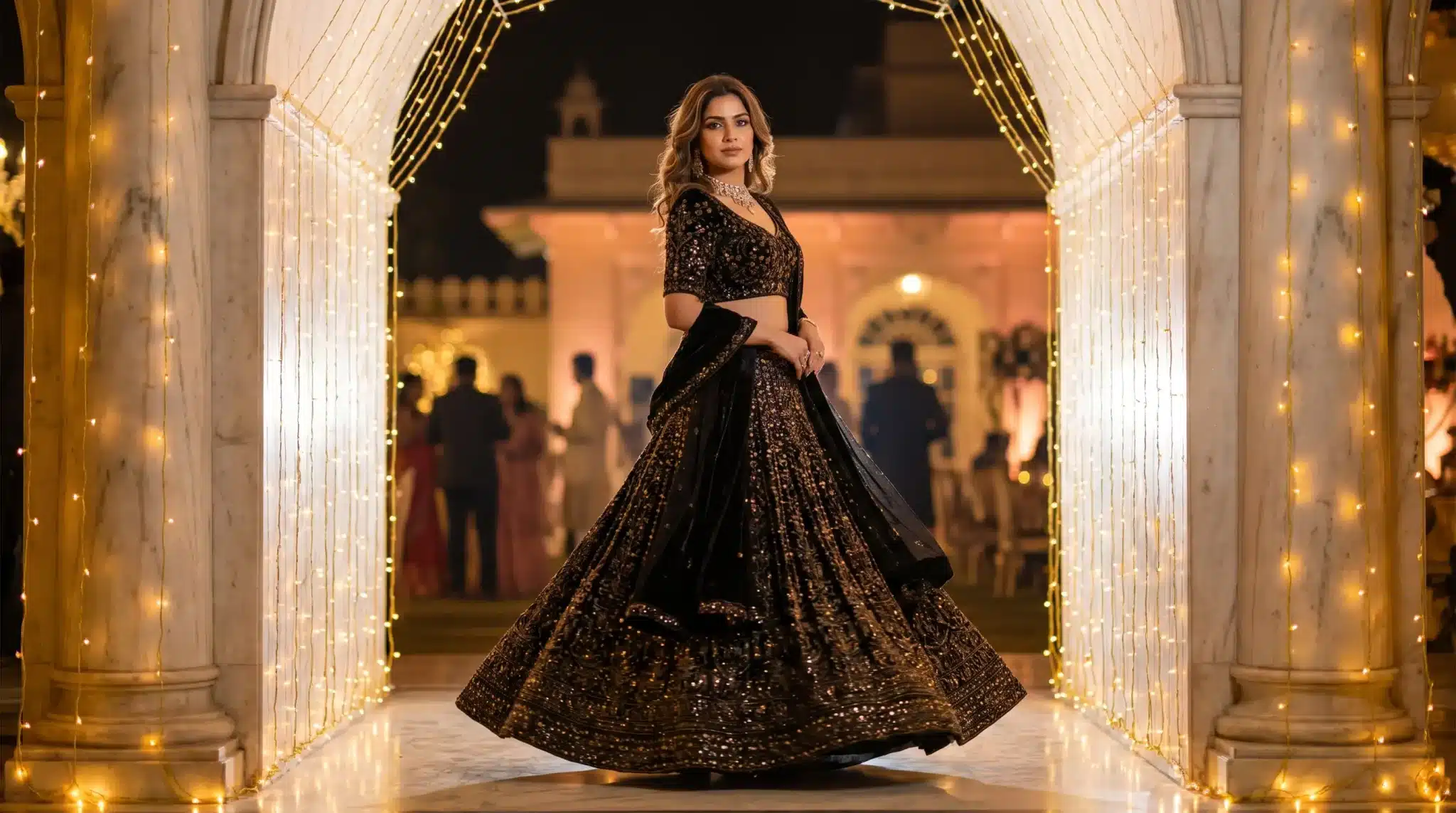 Elegant woman in black embellished lehenga standing among decorative lights at a nighttime event