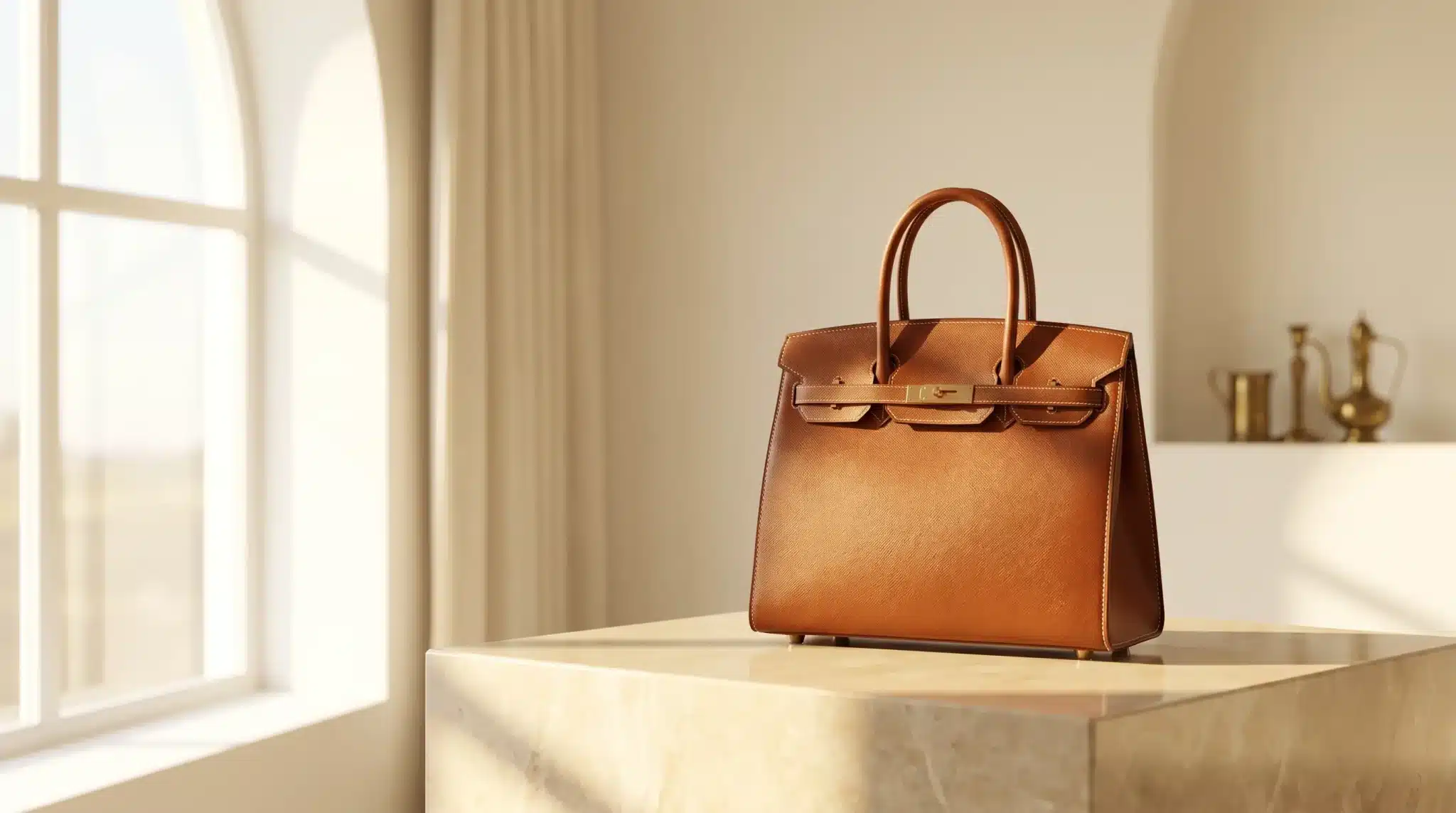Brown leather handbag displayed on marble surface in sunlit room with arched window in background