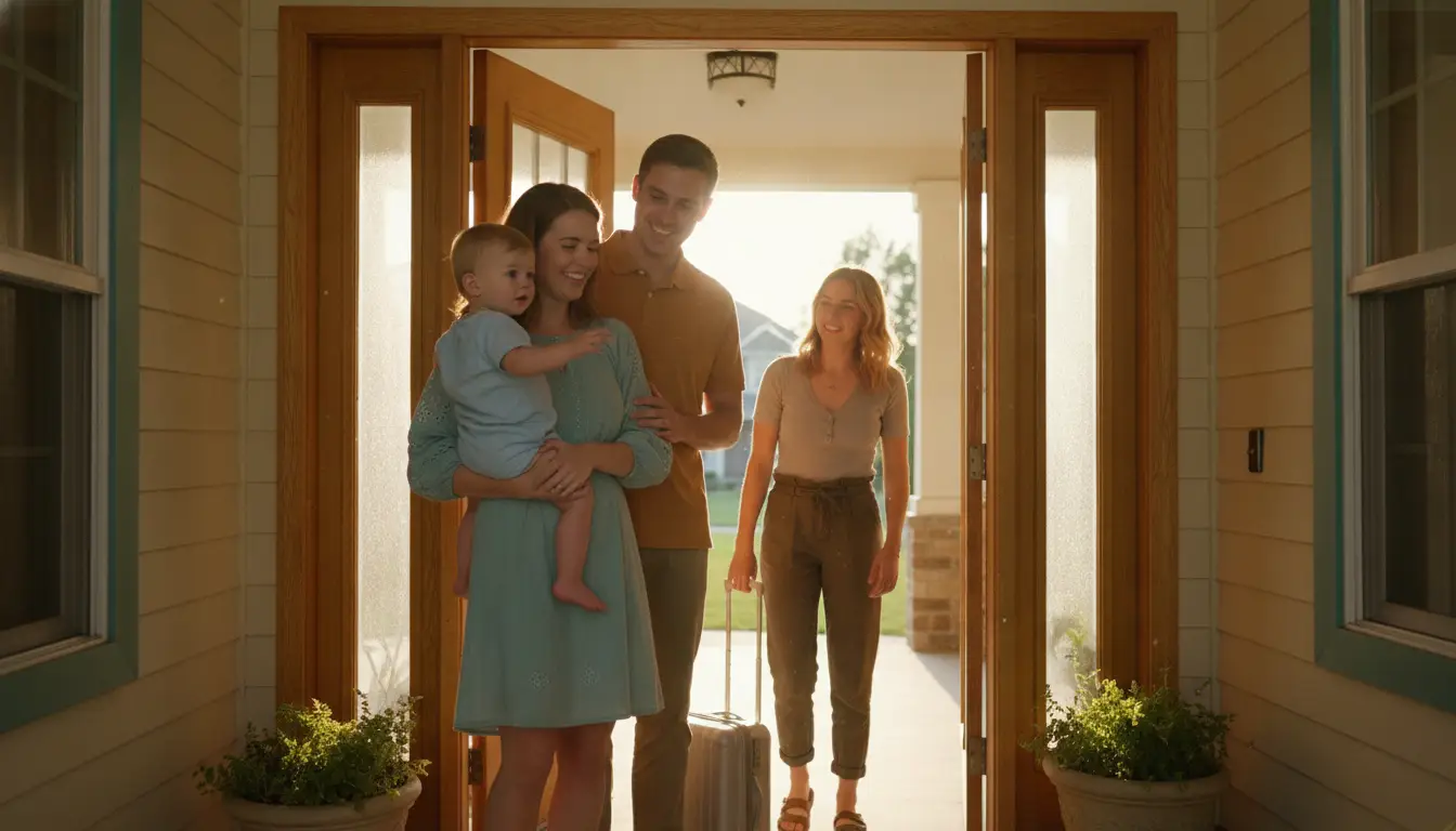 Family welcoming guest with suitcase at front door in warm sunlight