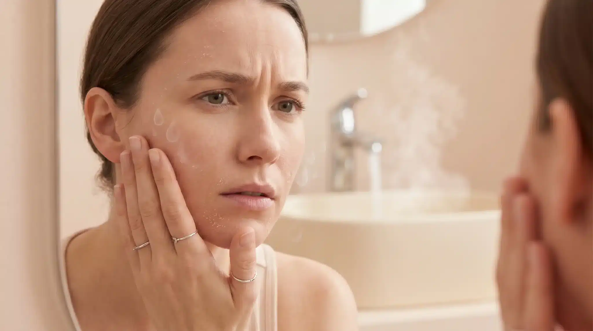 Woman examining dry skin on face in front of bathroom mirror