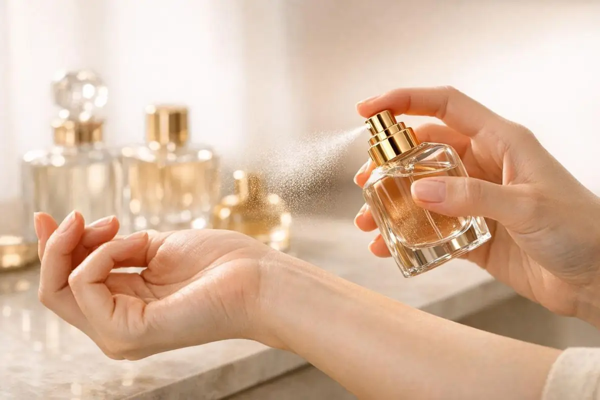 Hands spraying perfume on wrist with golden bottles in bright setting