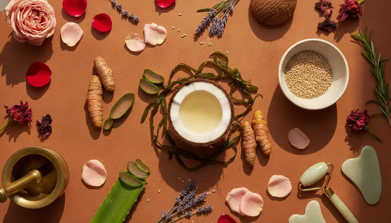 Coconut half with oil surrounded by turmeric, aloe vera, and rose petals on terracotta background