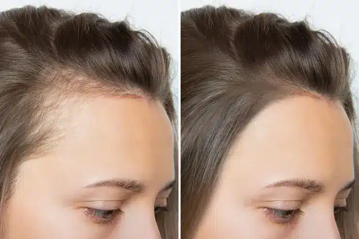 Side-by-side comparison of a woman's hairline transformation, highlighting hair regrowth improvement