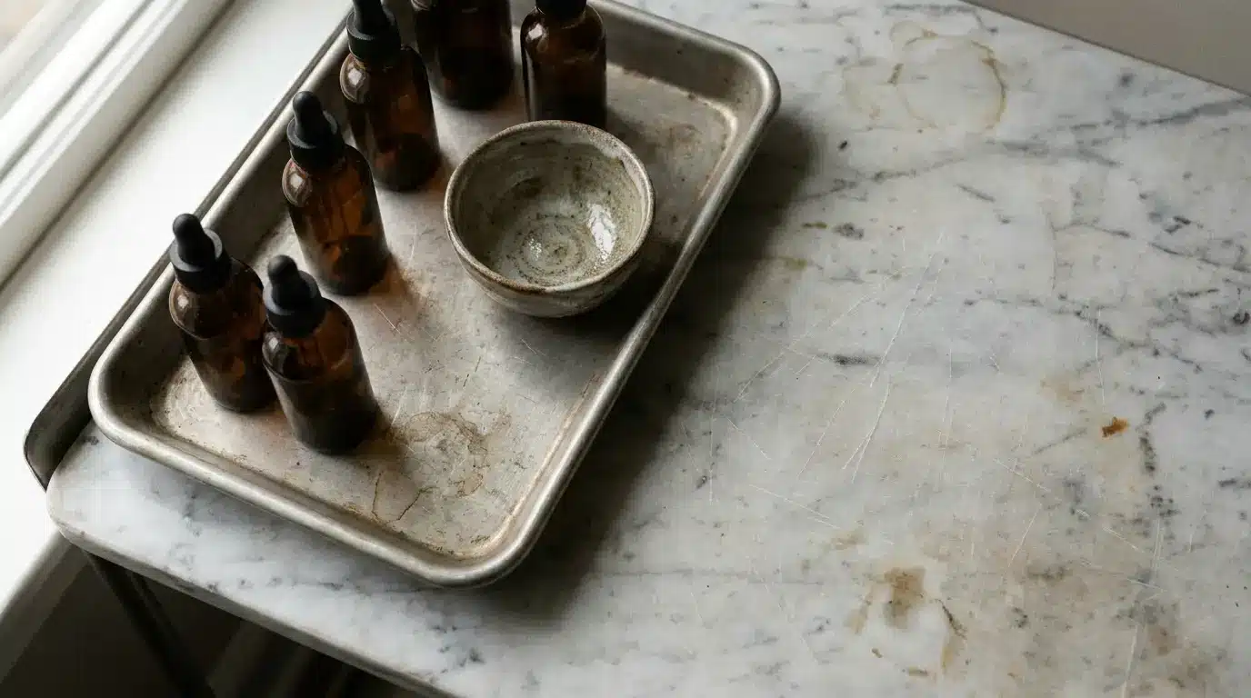 Amber glass dropper bottles and ceramic bowl on metal tray in natural light