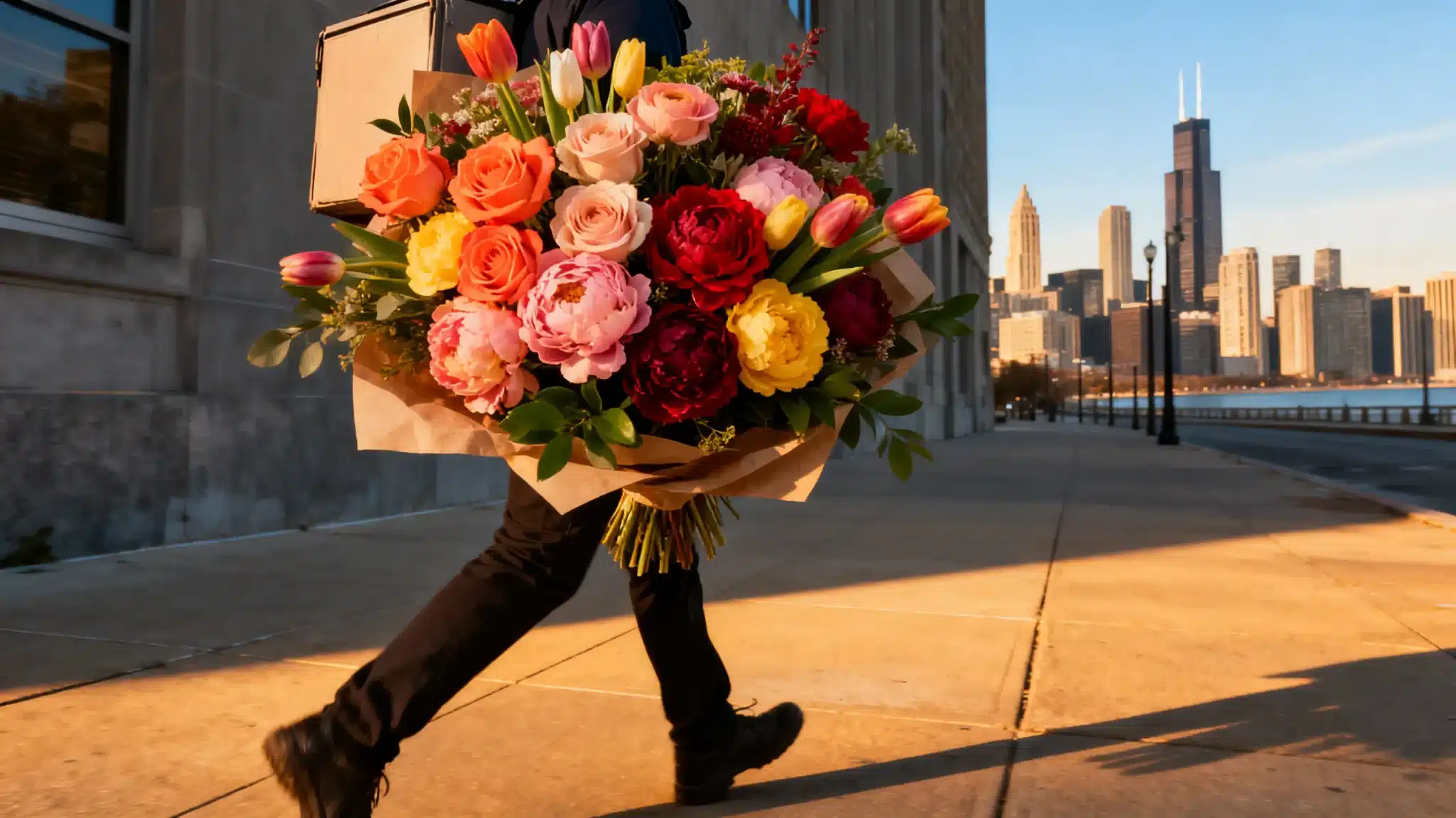 Large bouquet of colorful flowers carried by a person on a city sidewalk at sunset