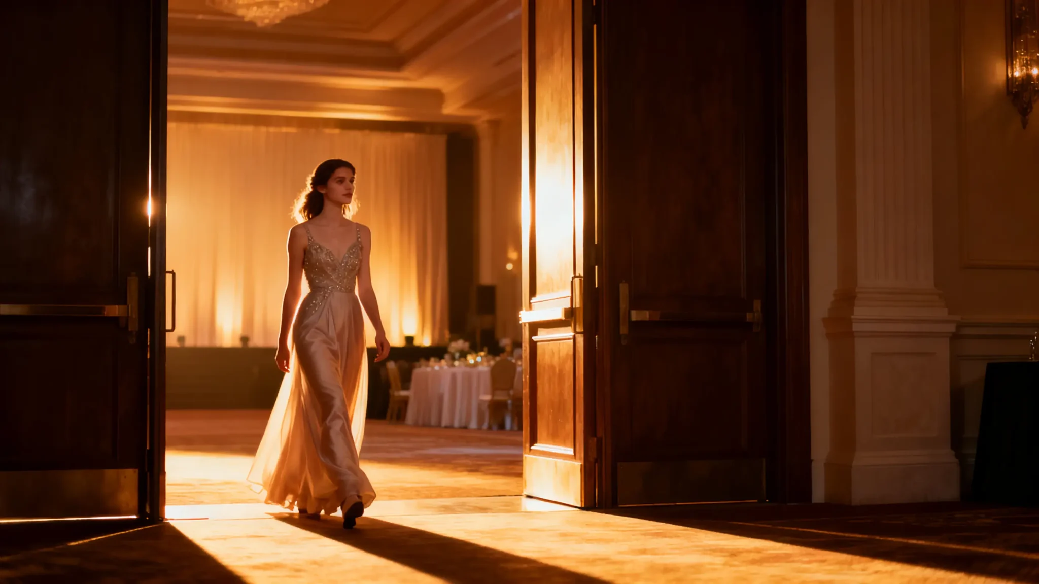 Woman in elegant evening gown entering grand ballroom with warm lighting