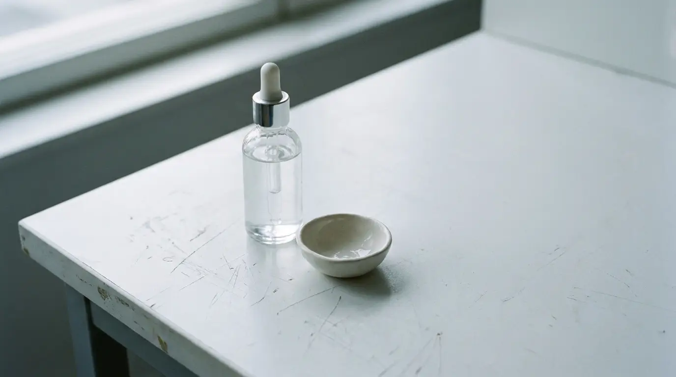 Clear glass dropper bottle and small ceramic dish on scratched white table in natural light