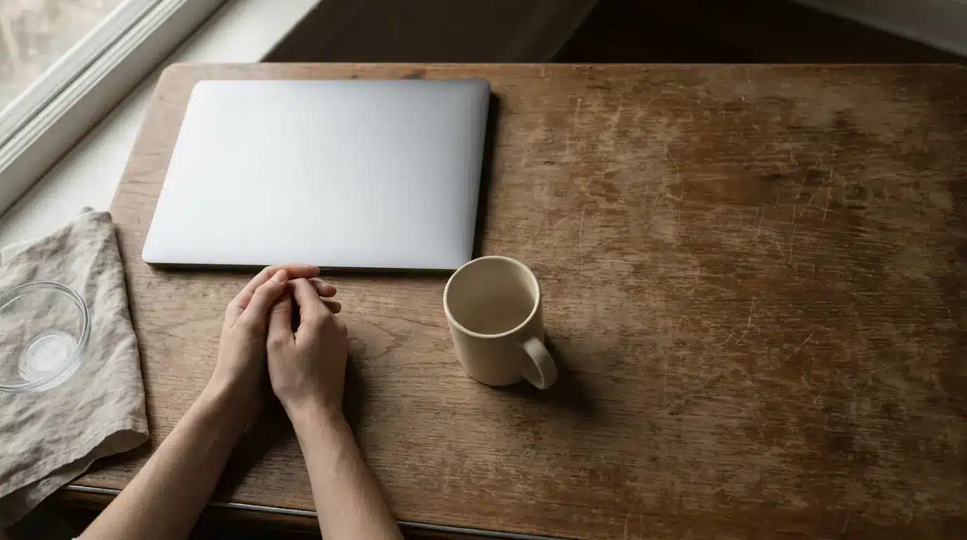 Hands clasped next to closed laptop and mug on rustic wooden table near window