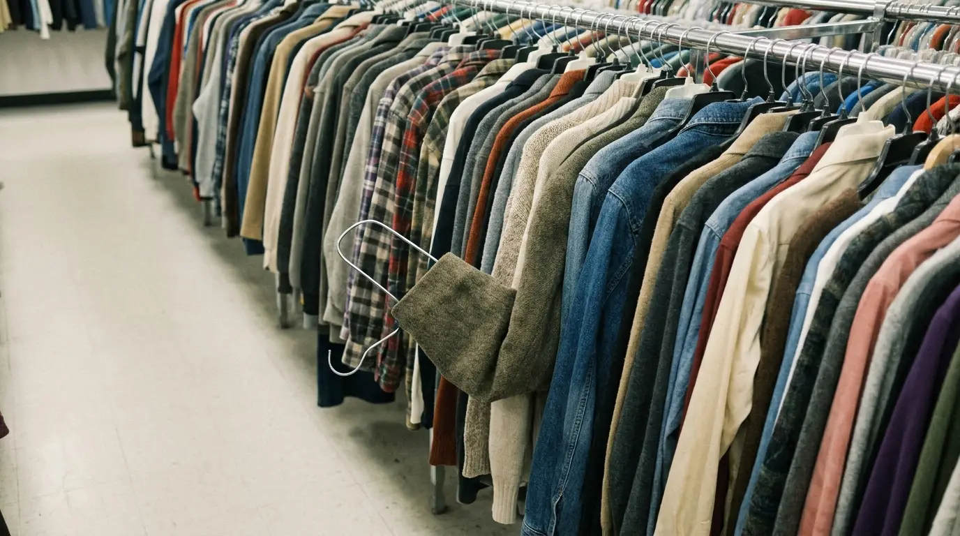 Clothing rack with various jackets and shirts in a thrift store setting