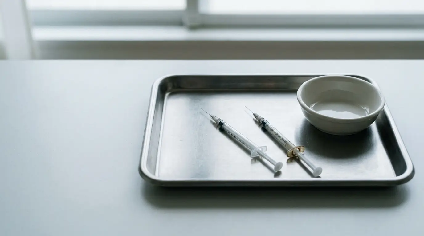 Syringes and ceramic bowl on stainless steel tray in a clinical setting