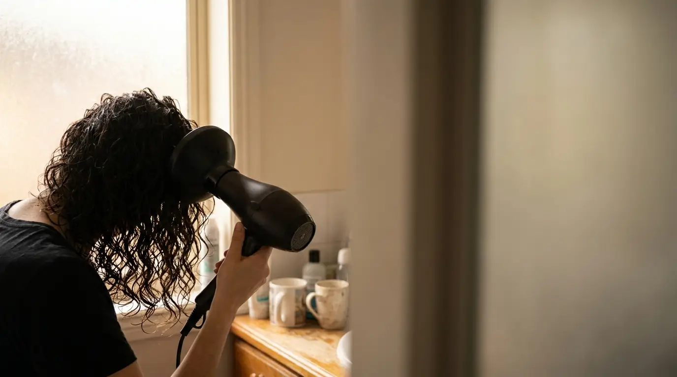 Person blow-drying curly hair in bathroom with natural light through window