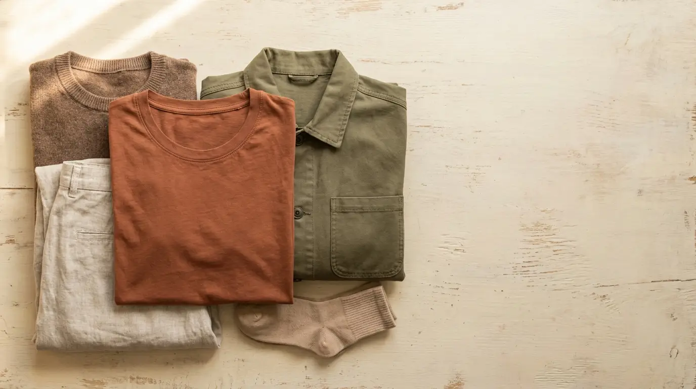 Folded casual clothing on light wooden surface, including sweater, t-shirt, shirt, pants, and socks