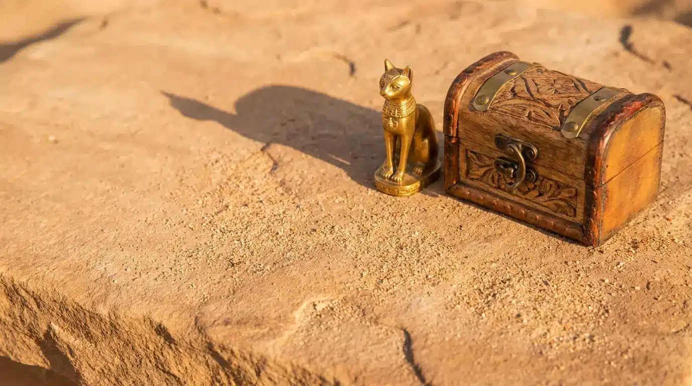 Bronze cat figurine and carved wooden box on sandy surface in warm sunlight