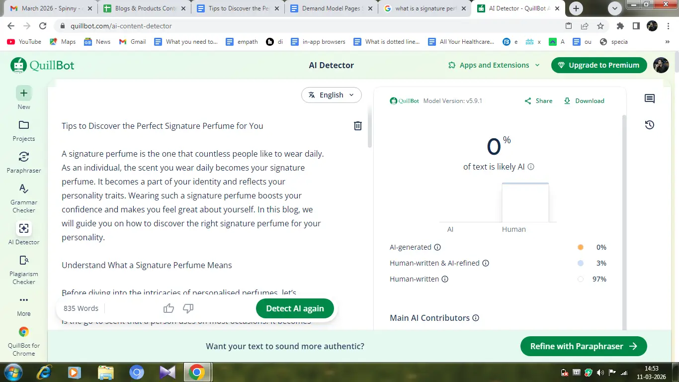 QuillBot AI detector interface showing analysis results with 0% AI likelihood on article about signature perfumes
