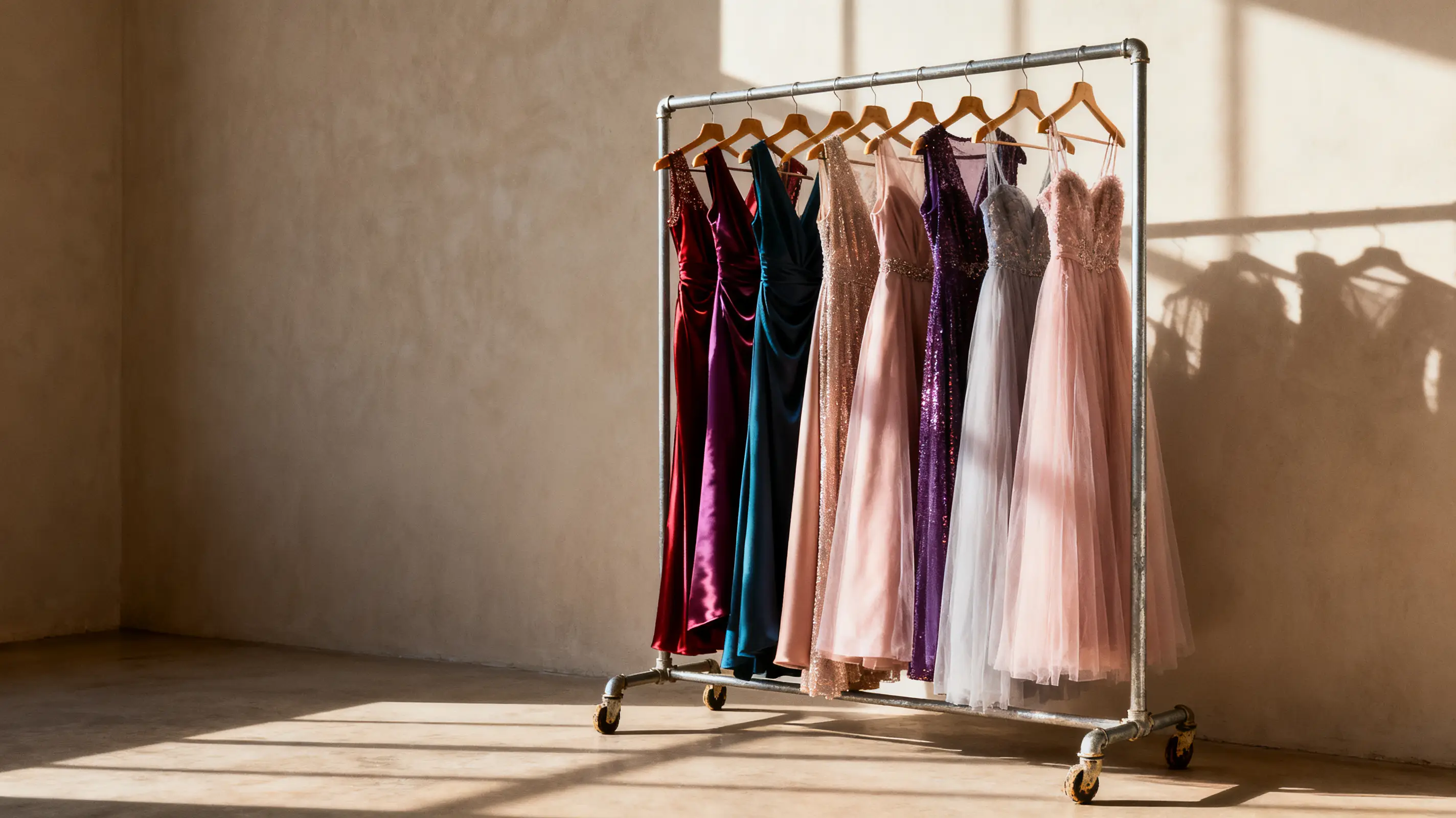 Elegant evening gowns in various colors hanging on rack in minimalist room with sunlight shadows