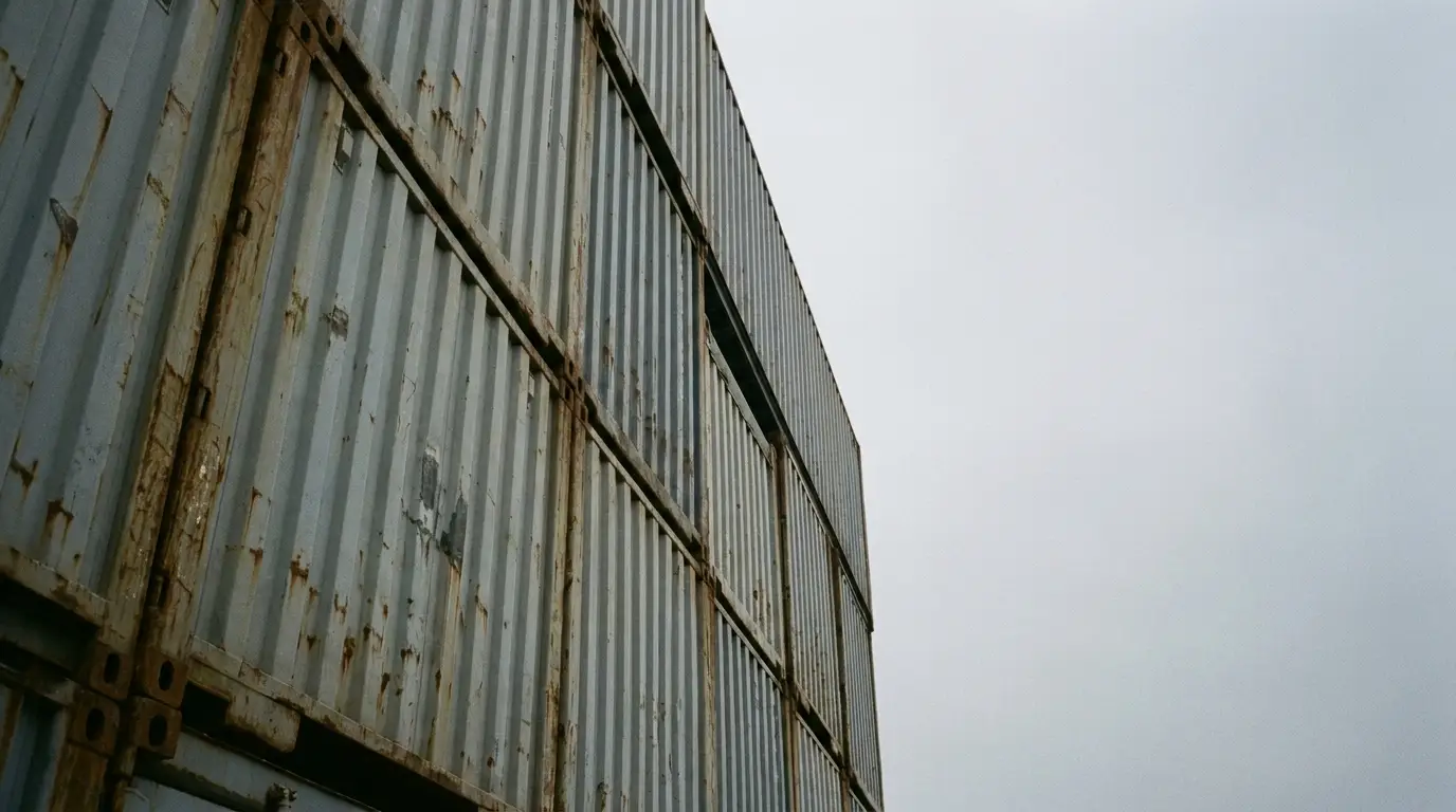 Stacked rusty shipping containers against a cloudy sky in an outdoor setting