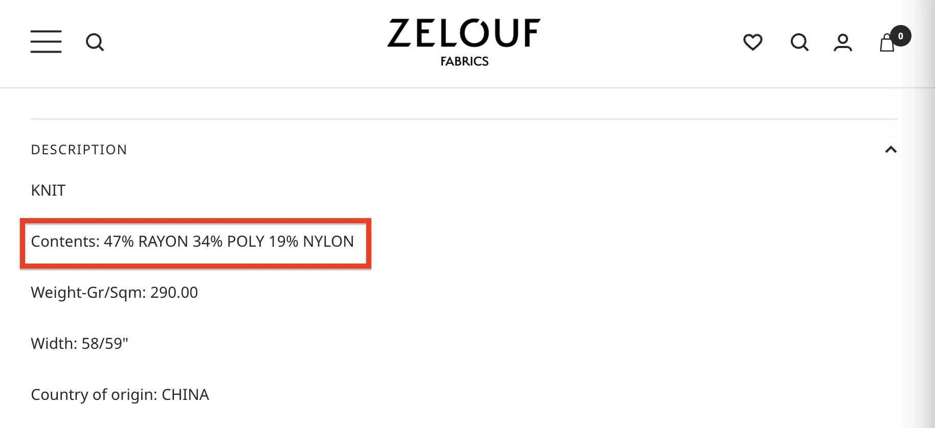 Fabric composition details highlighted in red box on website interface