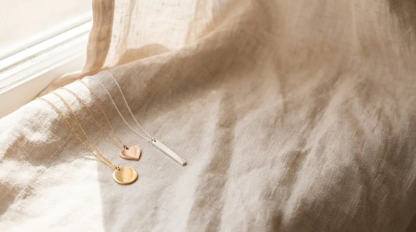 Three delicate gold and silver necklaces with pendants on light linen in soft sunlight
