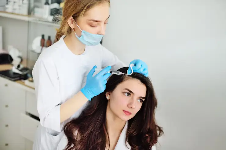 Healthcare professional administering injection into woman's scalp in clinical setting