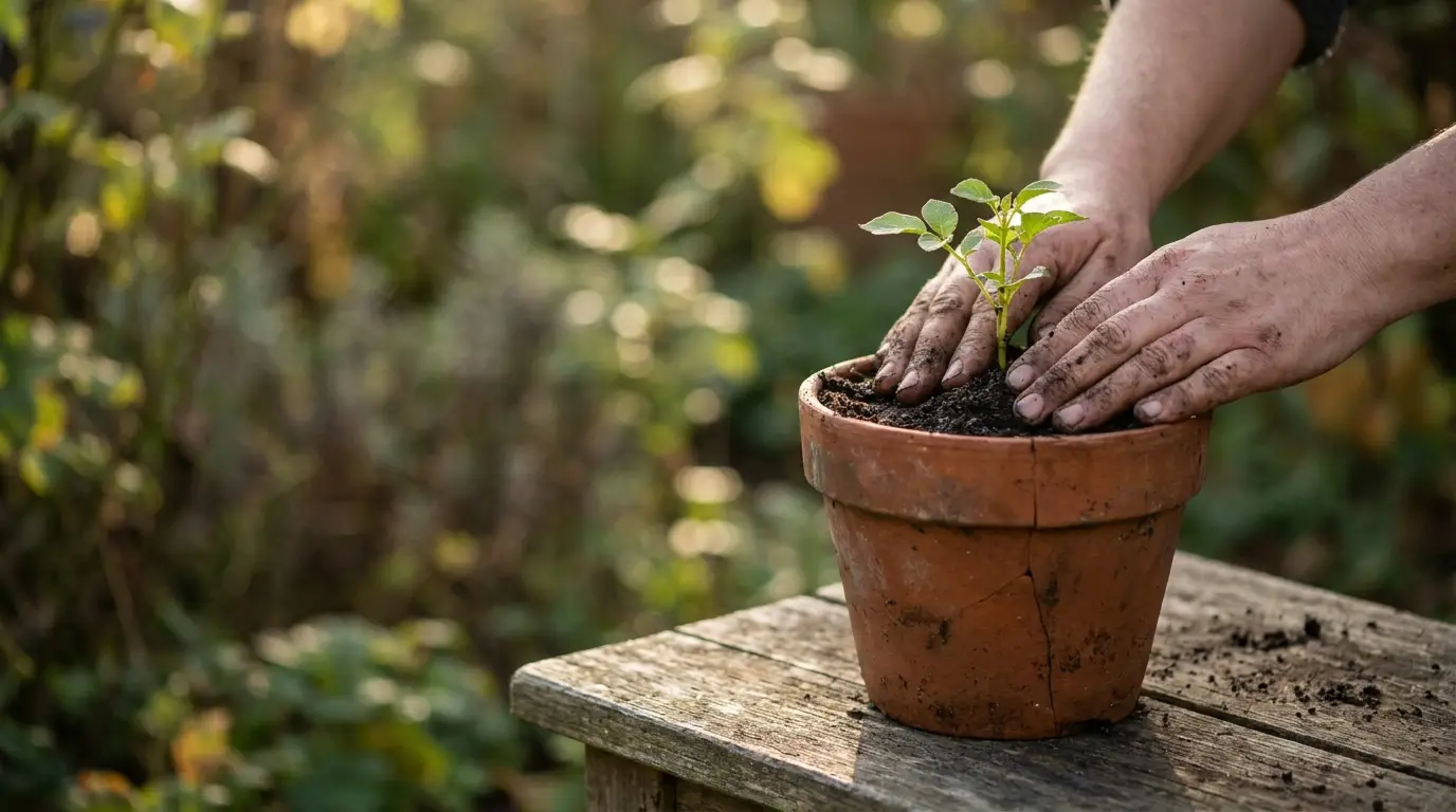 Hands planting a small sapling in terracotta pot on wooden table outdoors