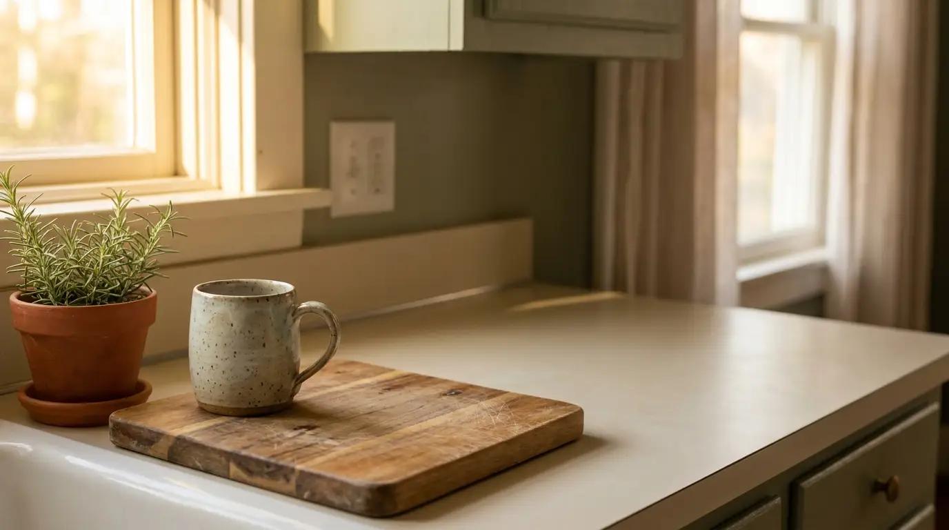 Ceramic mug and potted rosemary on wooden cutting board in sunlit kitchen