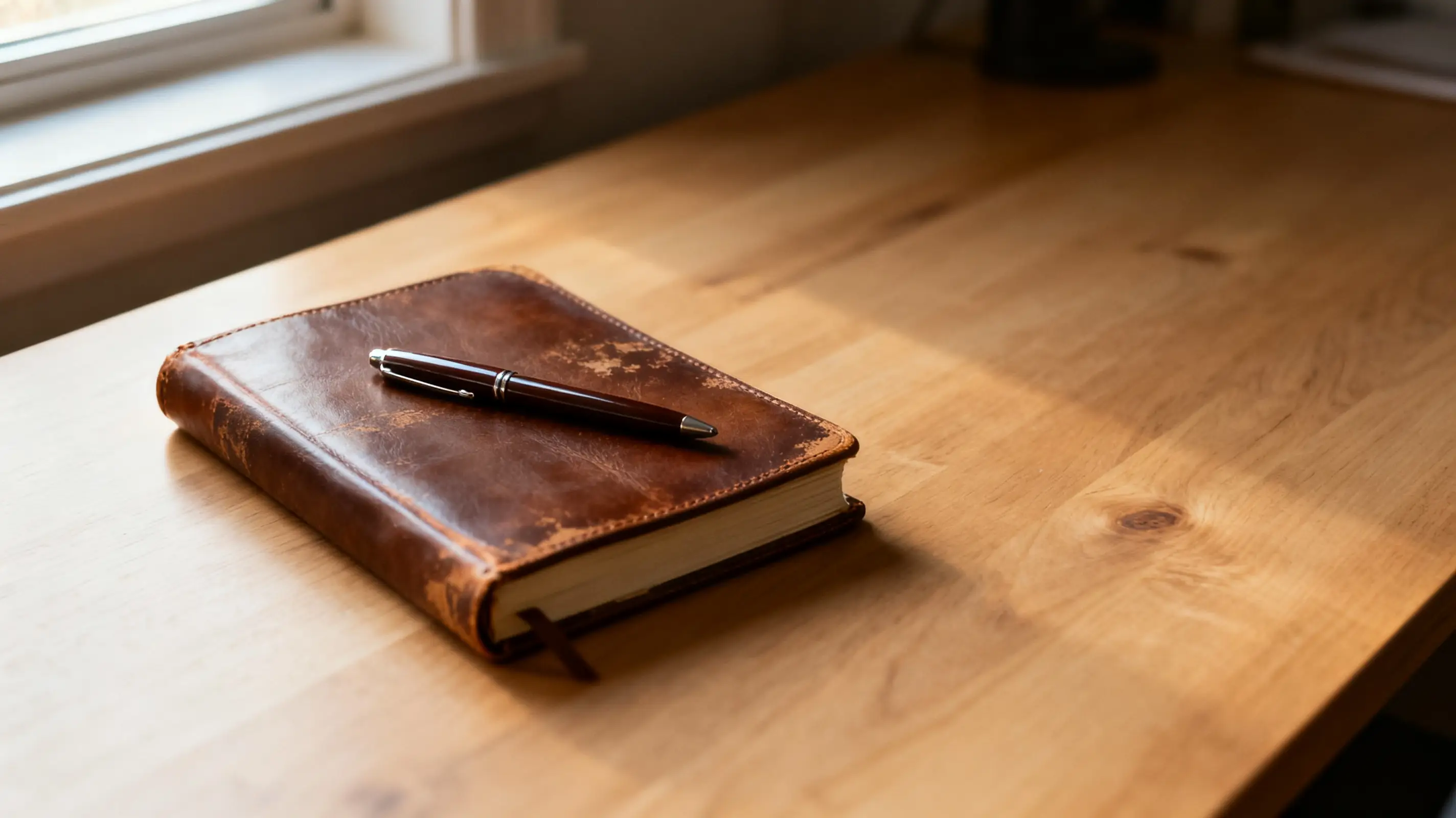Brown leather journal and pen on sunlit wooden desk near window