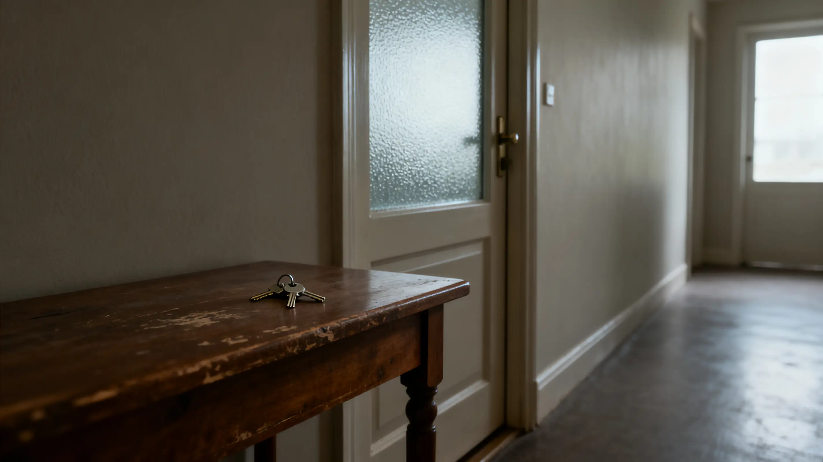 Keys on a worn wooden table in dimly lit hallway with frosted glass door