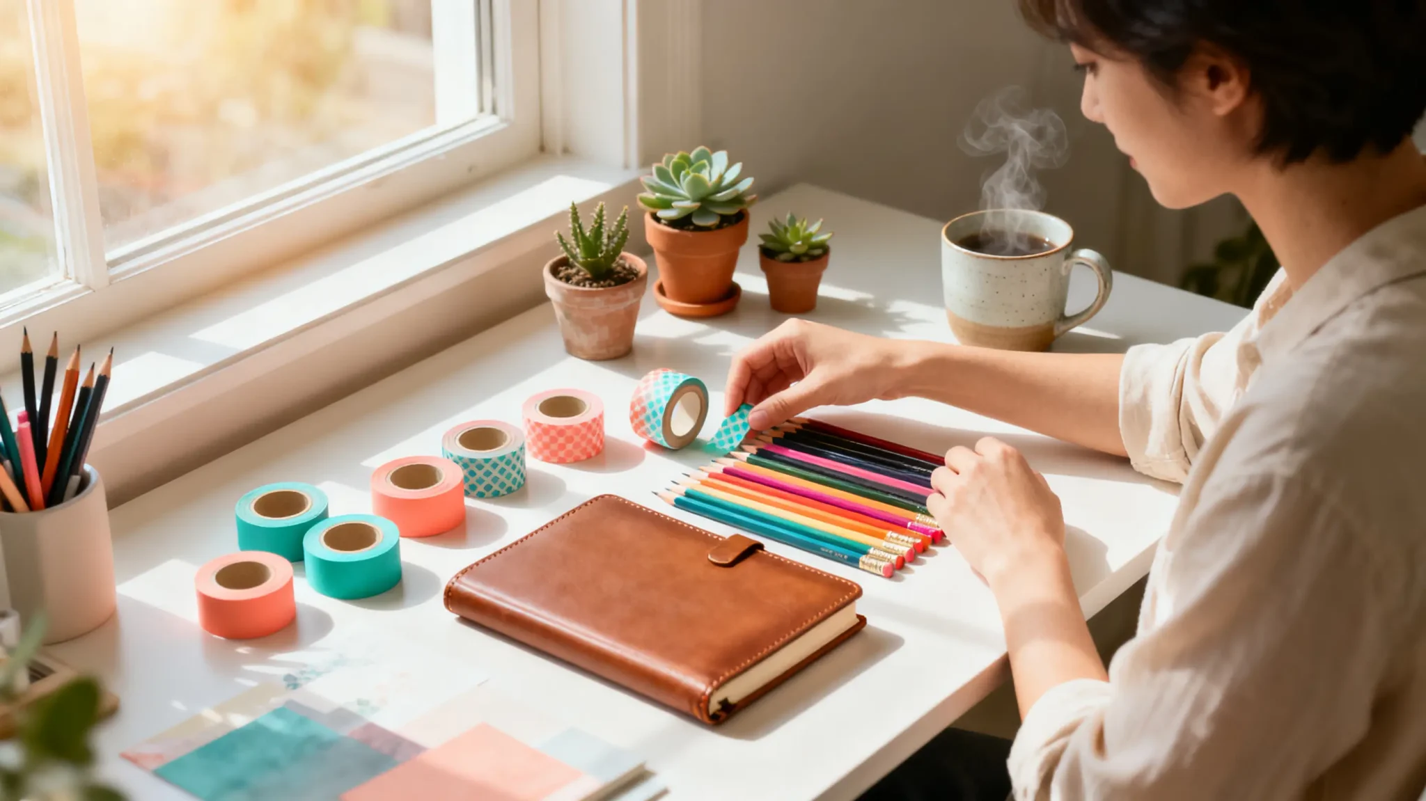 Person arranging colorful pencils on a sunlit desk with notebooks and succulents nearby