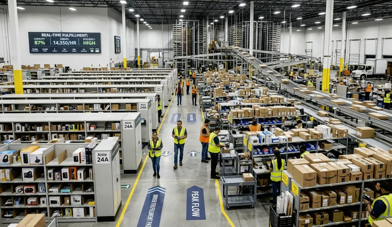 Warehouse workers sorting packages on conveyor belts in large industrial facility