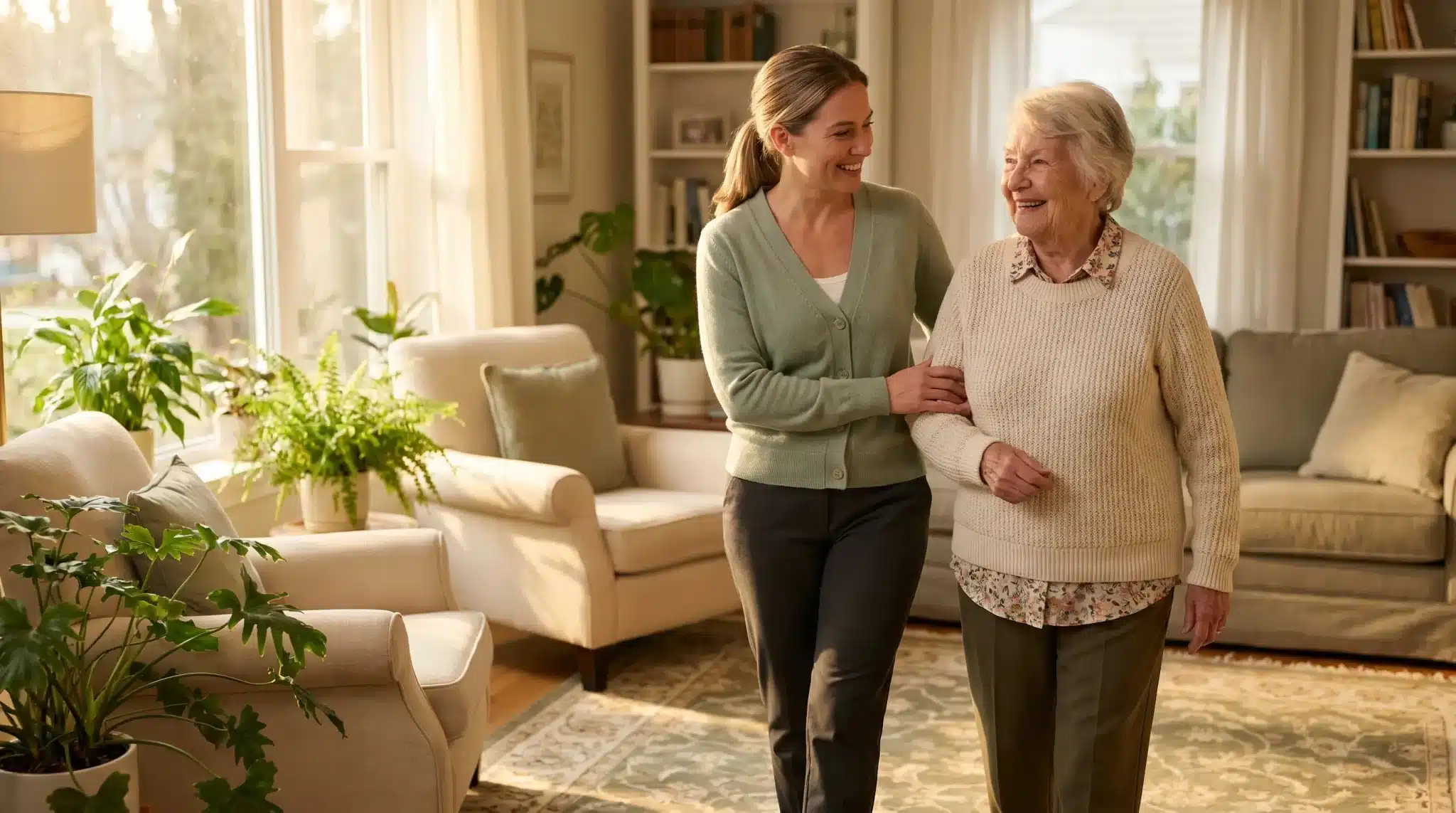 Woman assisting elderly woman in cozy living room with sunlight and indoor plants