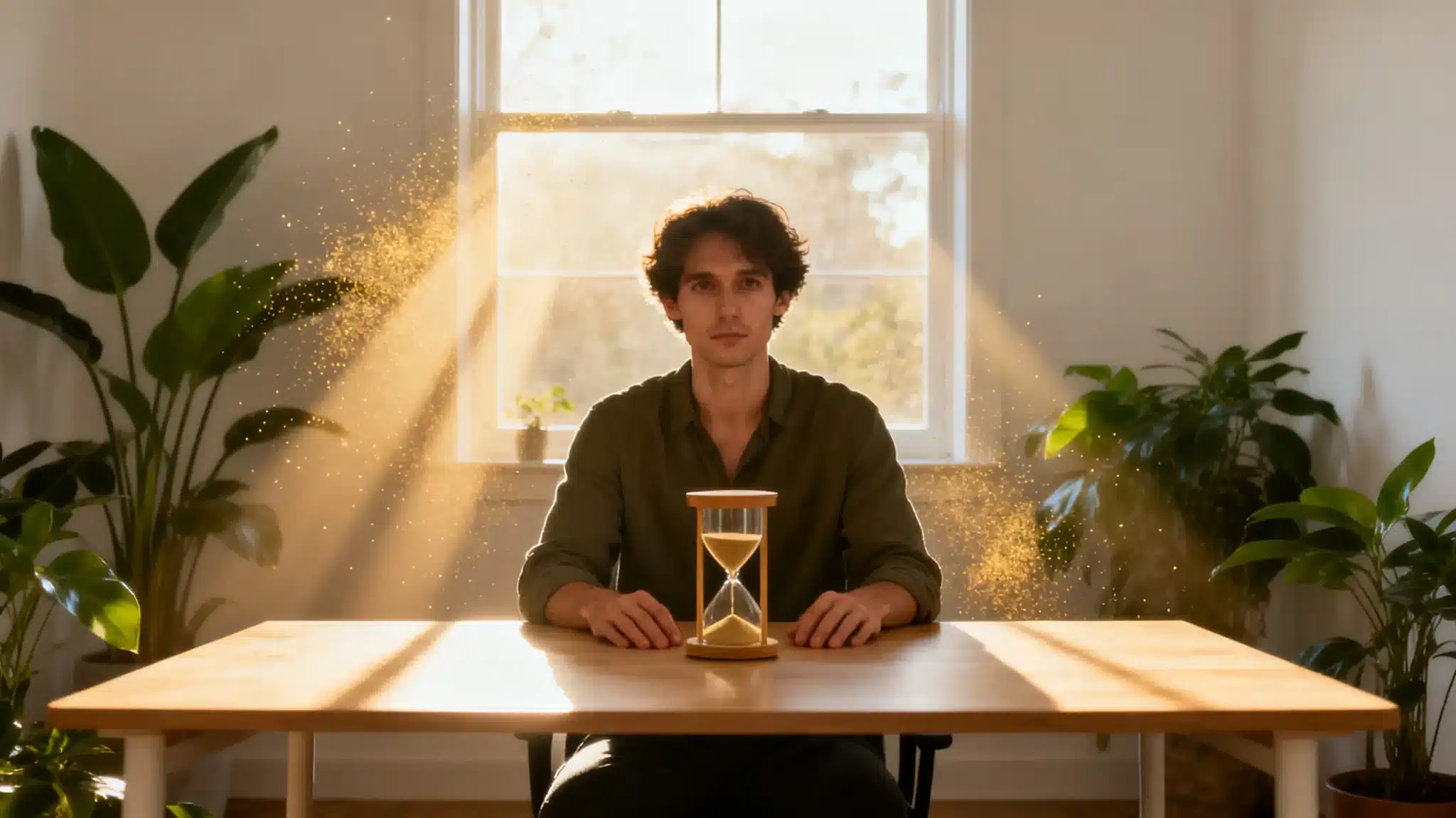 Man sitting at a wooden table with hourglass, surrounded by plants in sunlit room