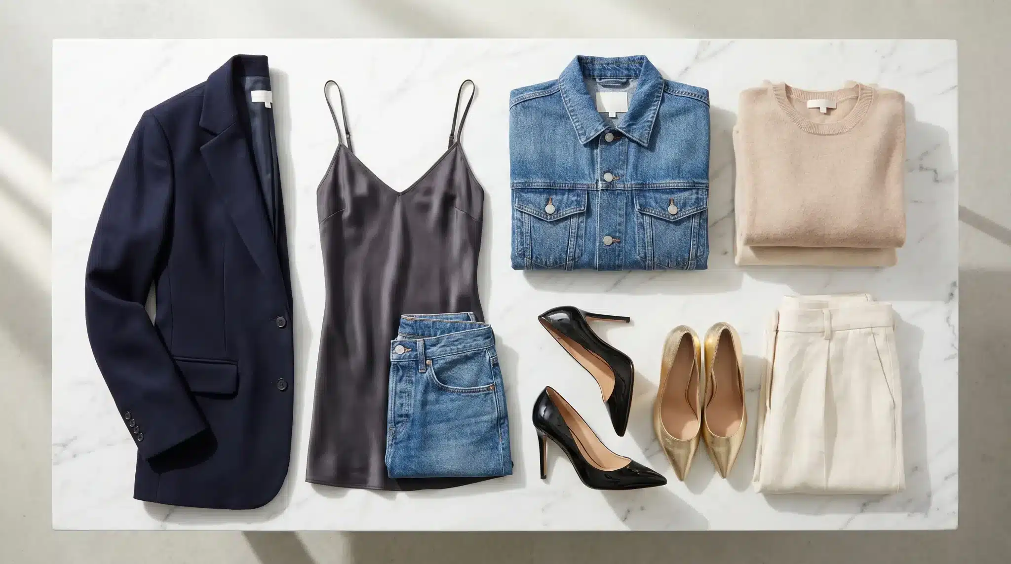 Clothing and accessories, including a blazer, denim, heels, and silk top, displayed on marble table