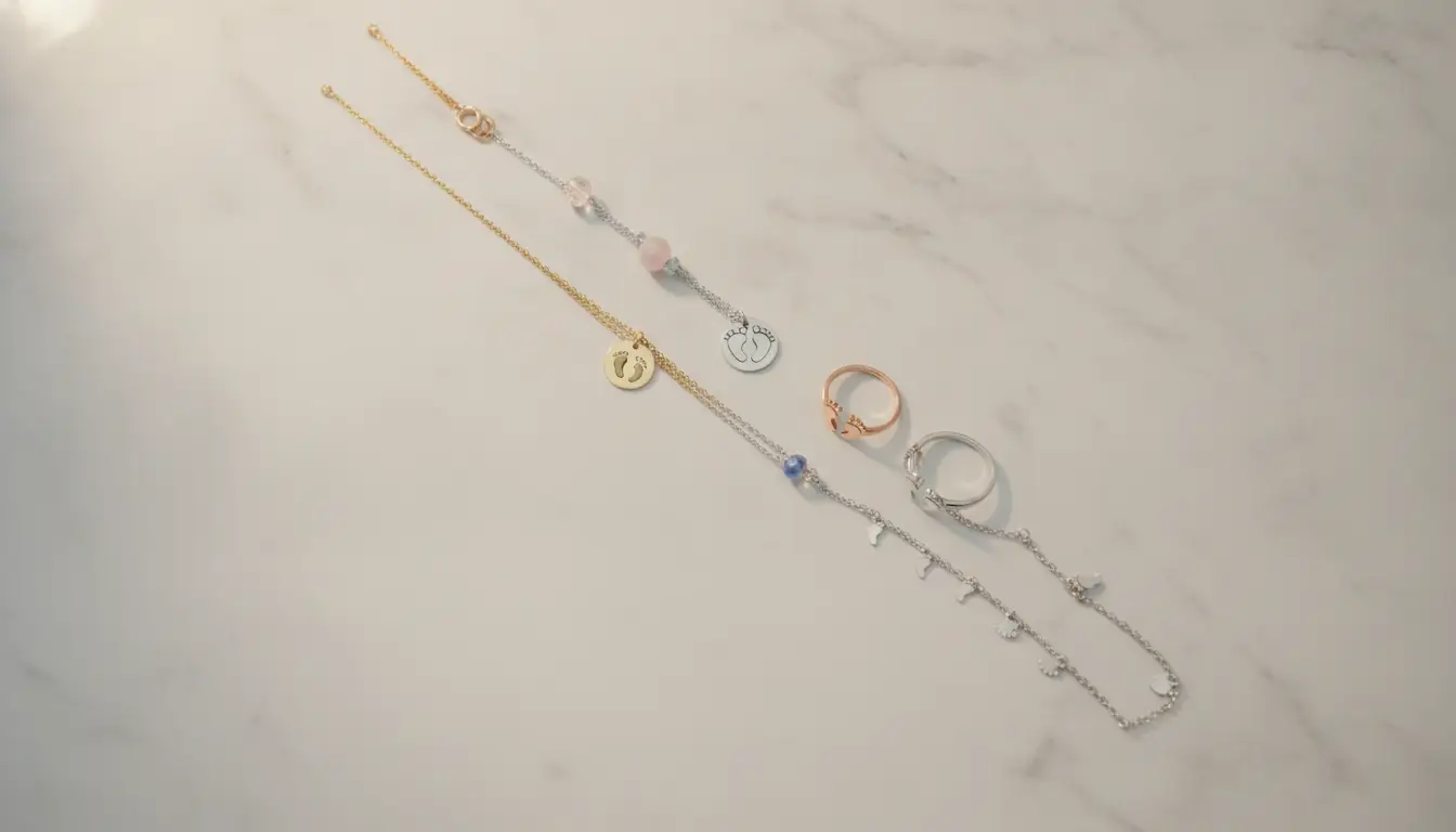 Gold and silver bracelets and rings with charms on a marble surface