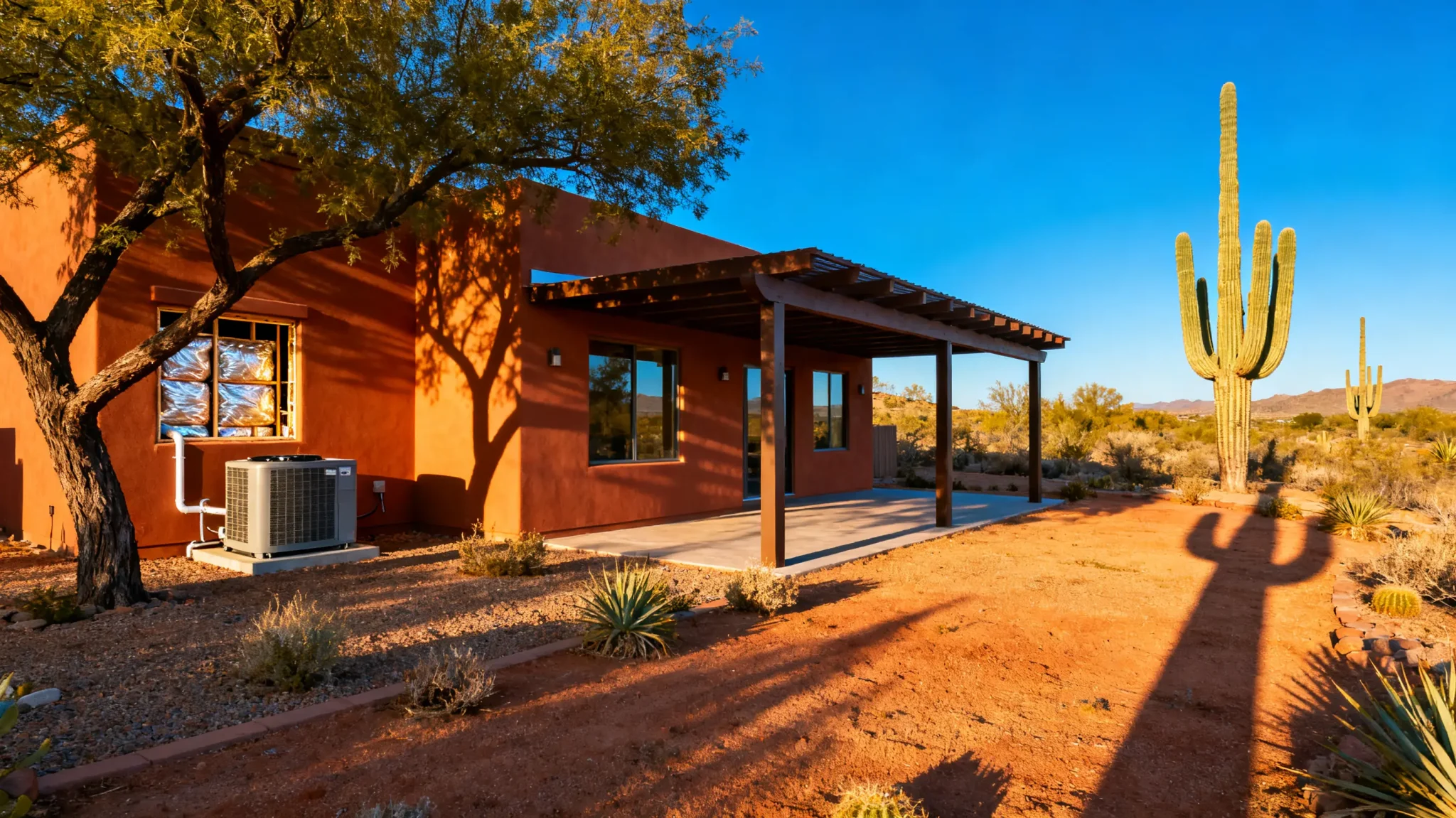 Terracotta house with wooden pergola in desert landscape with large cactus under bright blue sky