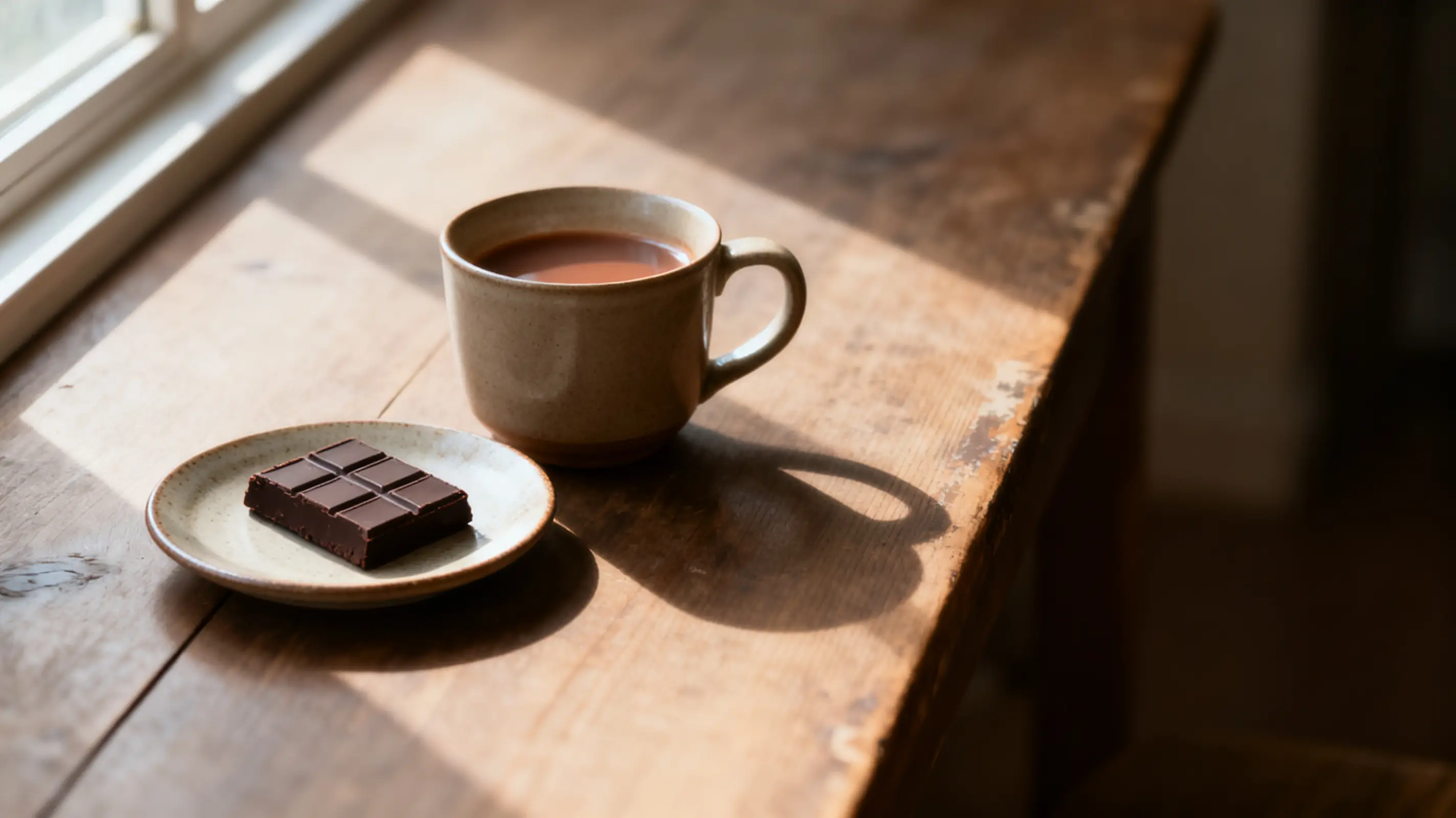 Mug of tea and chocolate bar on rustic wooden table in soft natural light