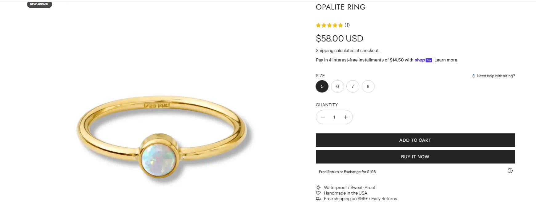 Gold opalite ring on white background with online purchase options displayed