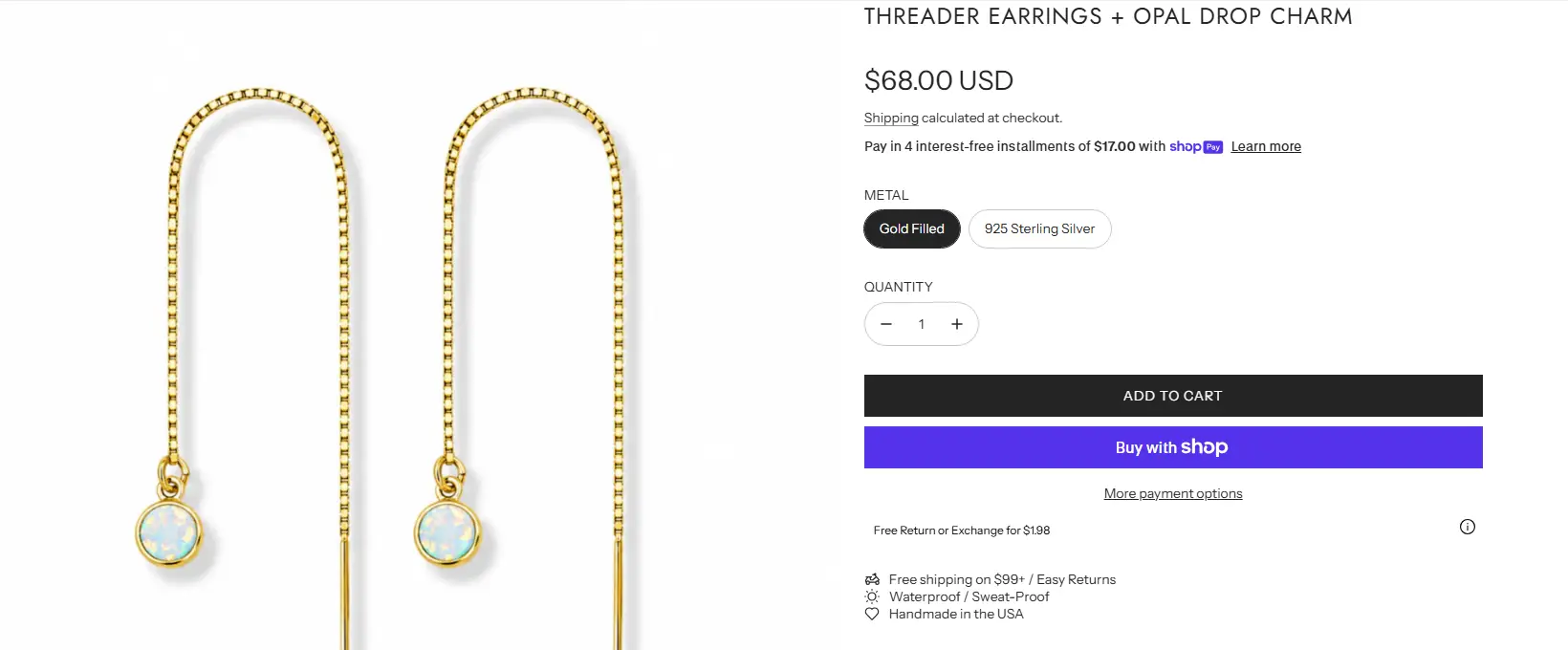 Gold threader earrings with opal drop charms on white background