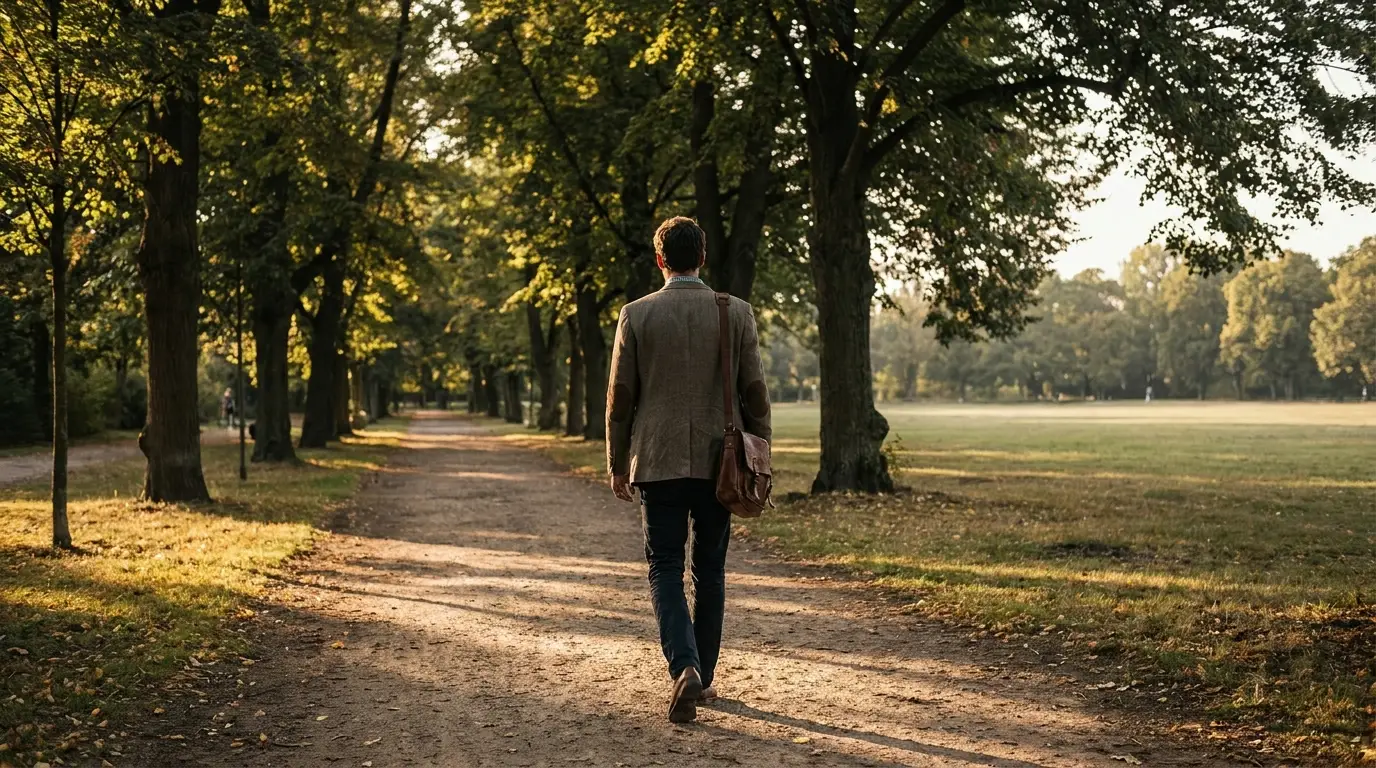 Person walking down tree-lined path in park during late afternoon sunlight