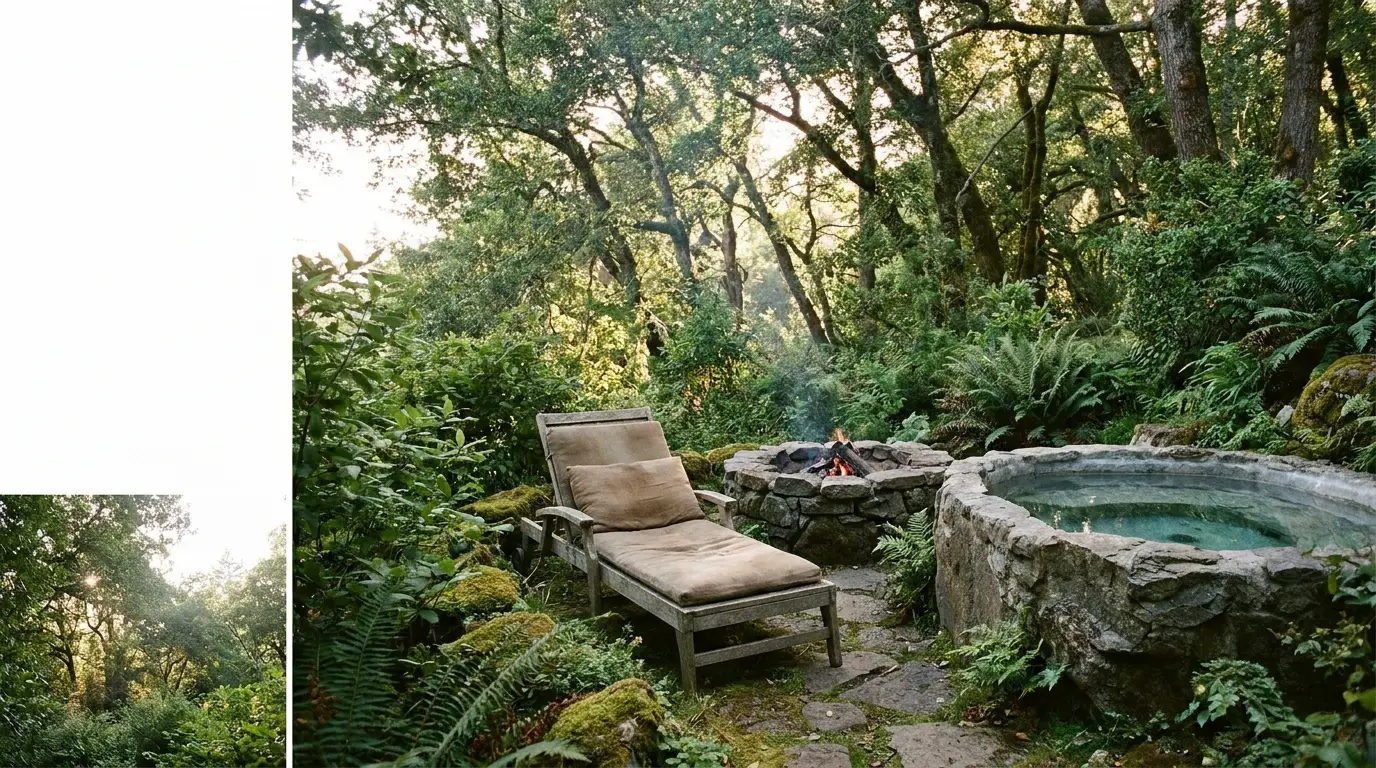 Outdoor lounge chair and stone hot tub in lush forest setting with morning light filtering through trees