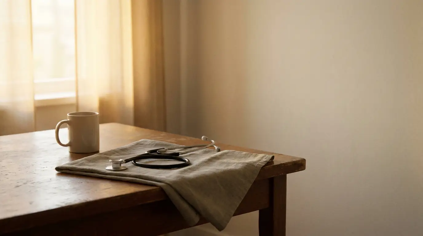 Stethoscope and white mug on wooden table with soft natural light