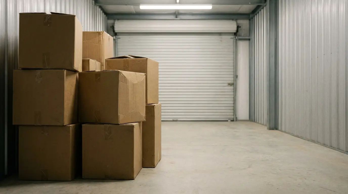 Stack of cardboard boxes in a metal storage unit with closed roll-up door