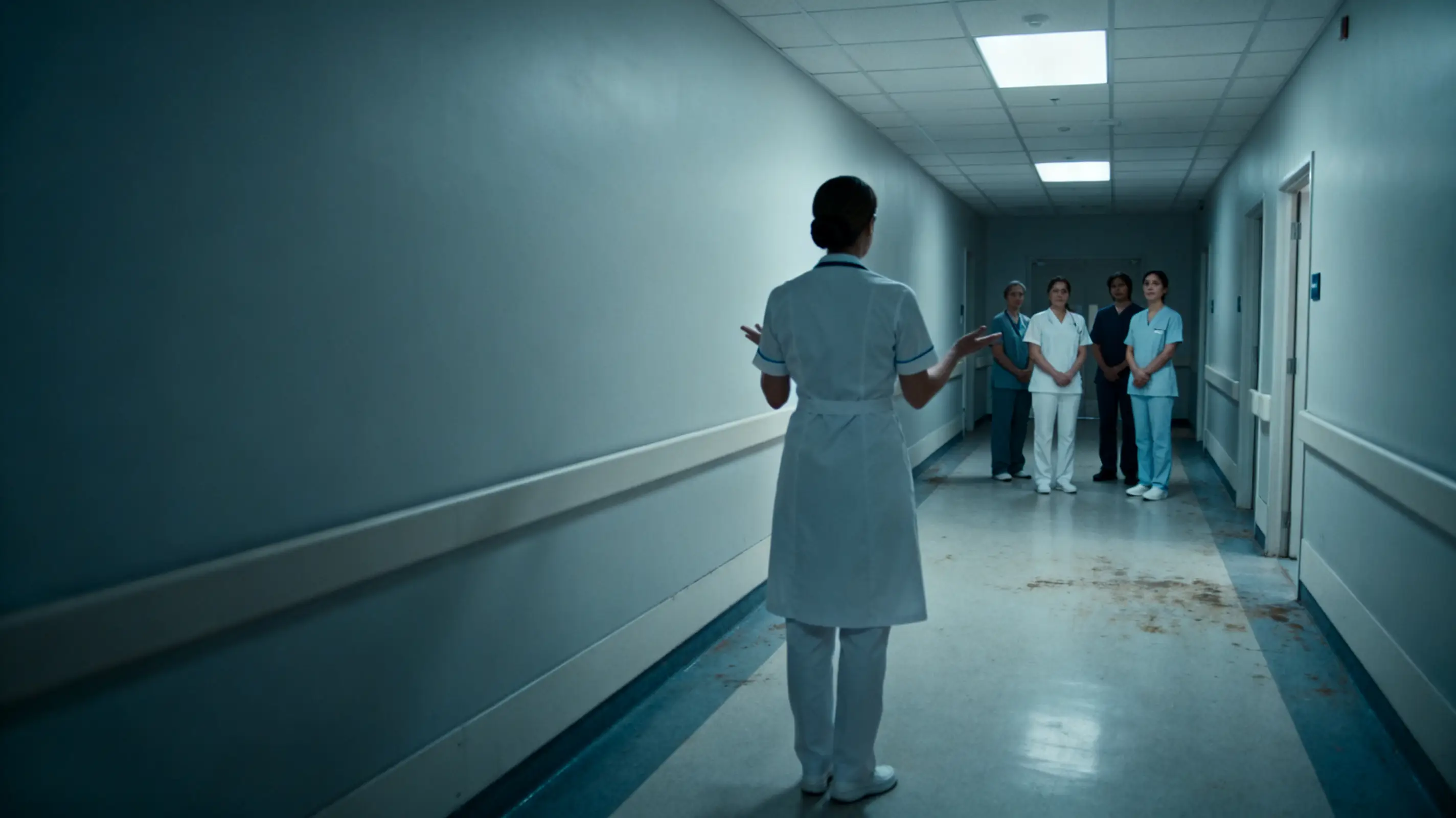 Hospital staff in uniforms gathered in dimly lit corridor hallway
