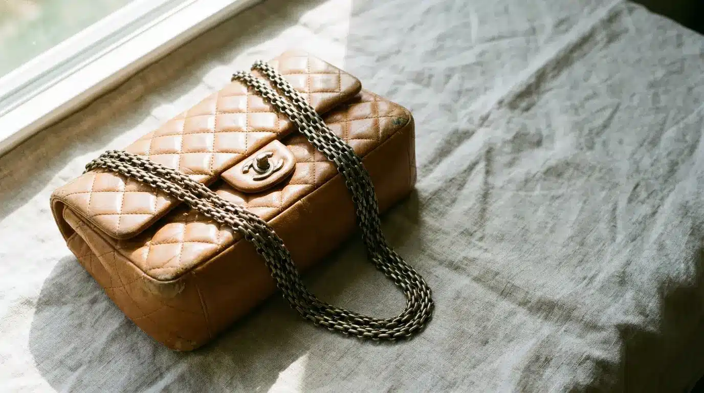 Tan quilted handbag with chain strap on linen-covered surface in natural light