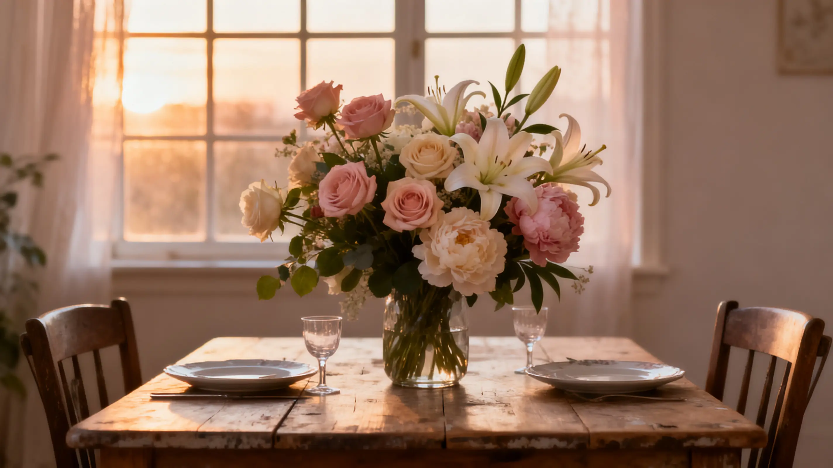 Vase of pink and white flowers on rustic table in sunlit dining room