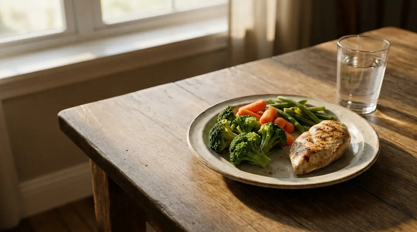 Grilled chicken with broccoli, carrots, and green beans on rustic wooden table with glass of water