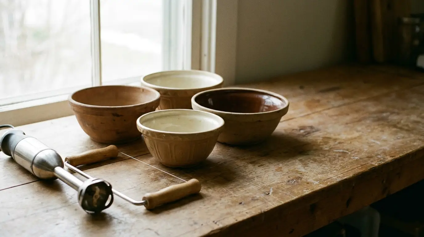 Mixing bowls and hand mixer on rustic wooden countertop near window in natural light