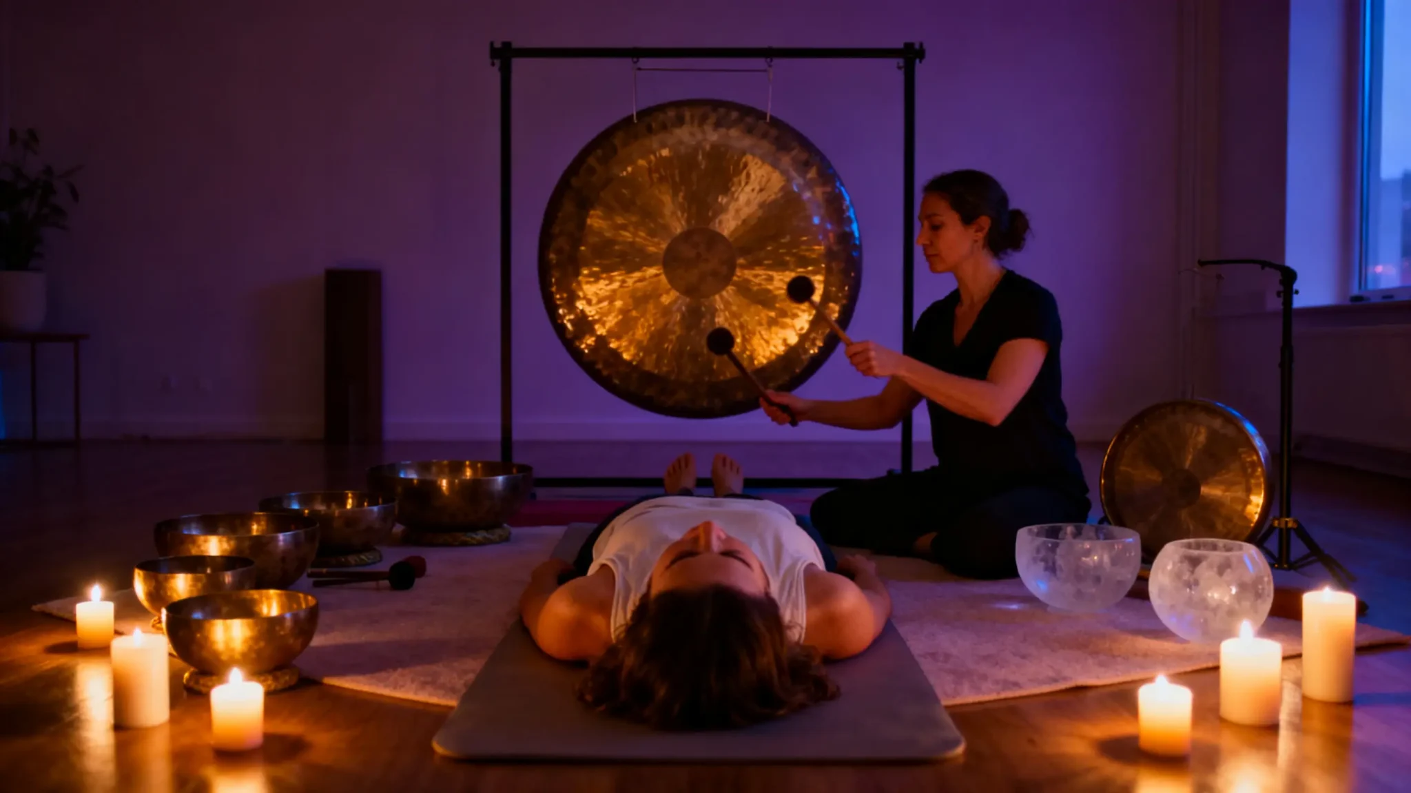 Person playing gong near meditating individual on yoga mat in candlelit room