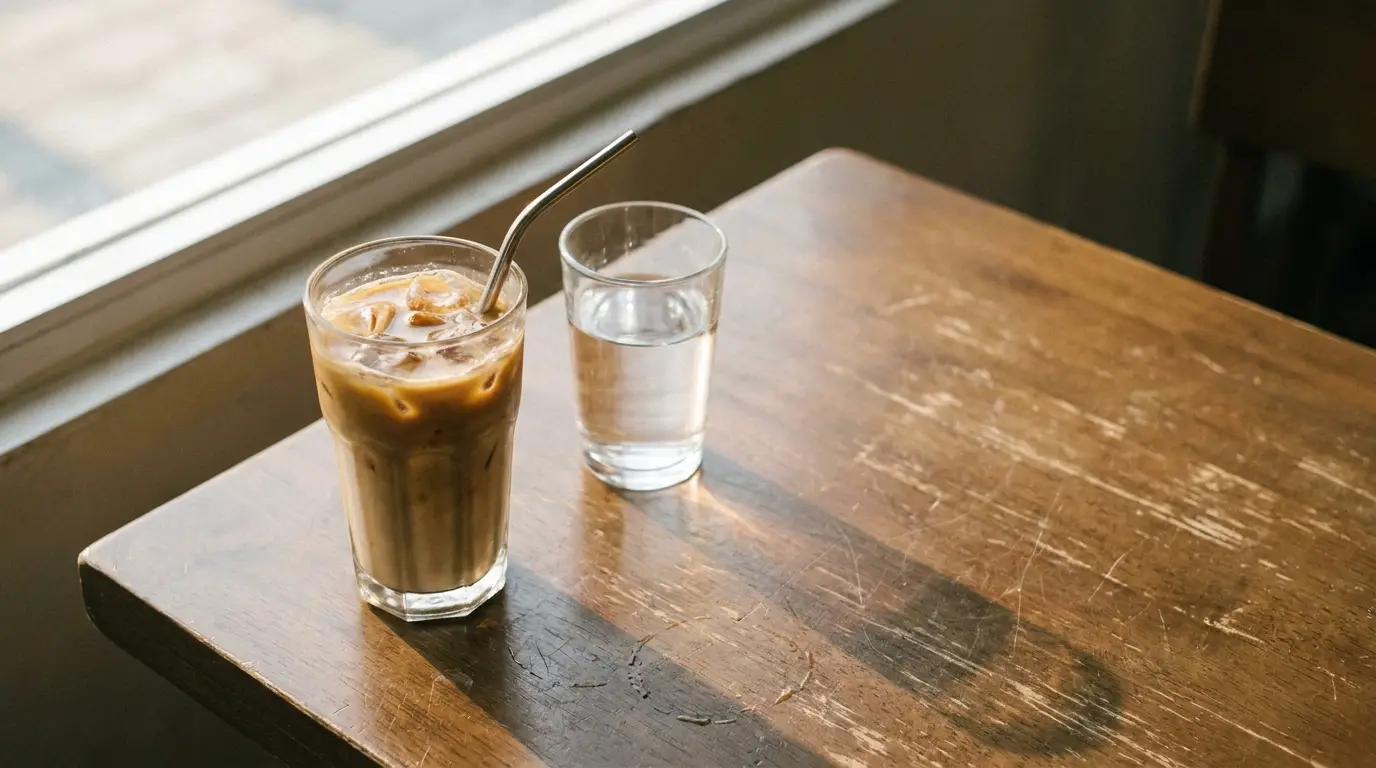 Iced coffee with metal straw and glass of water on wooden table near window