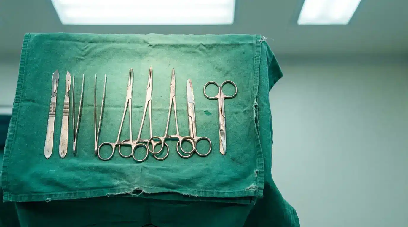 Surgical instruments arranged on green cloth under bright lighting in an operating room